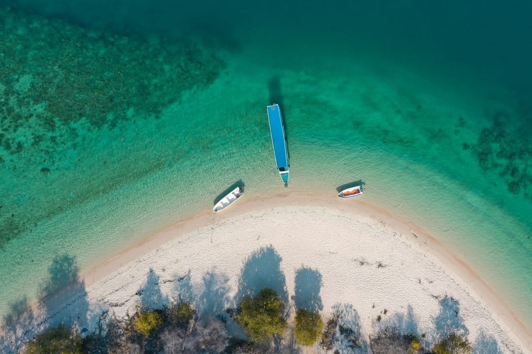 top view of beatiful island and boats at labuan bajo indonesia